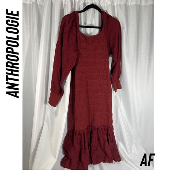ANTHROPOLOGIE SMOCKED PUFF KNIT MIDI DRESS IN WINE NEW LARGE - Picture 5 of 7